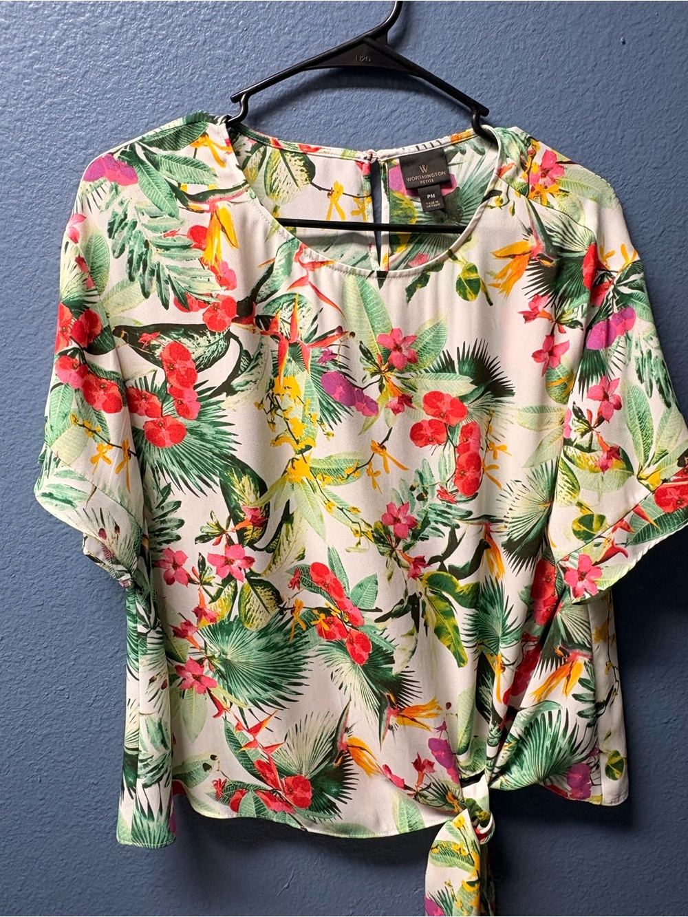 Worthington White Tropical Tie-Knot Blouse with Multicolor Floral Print